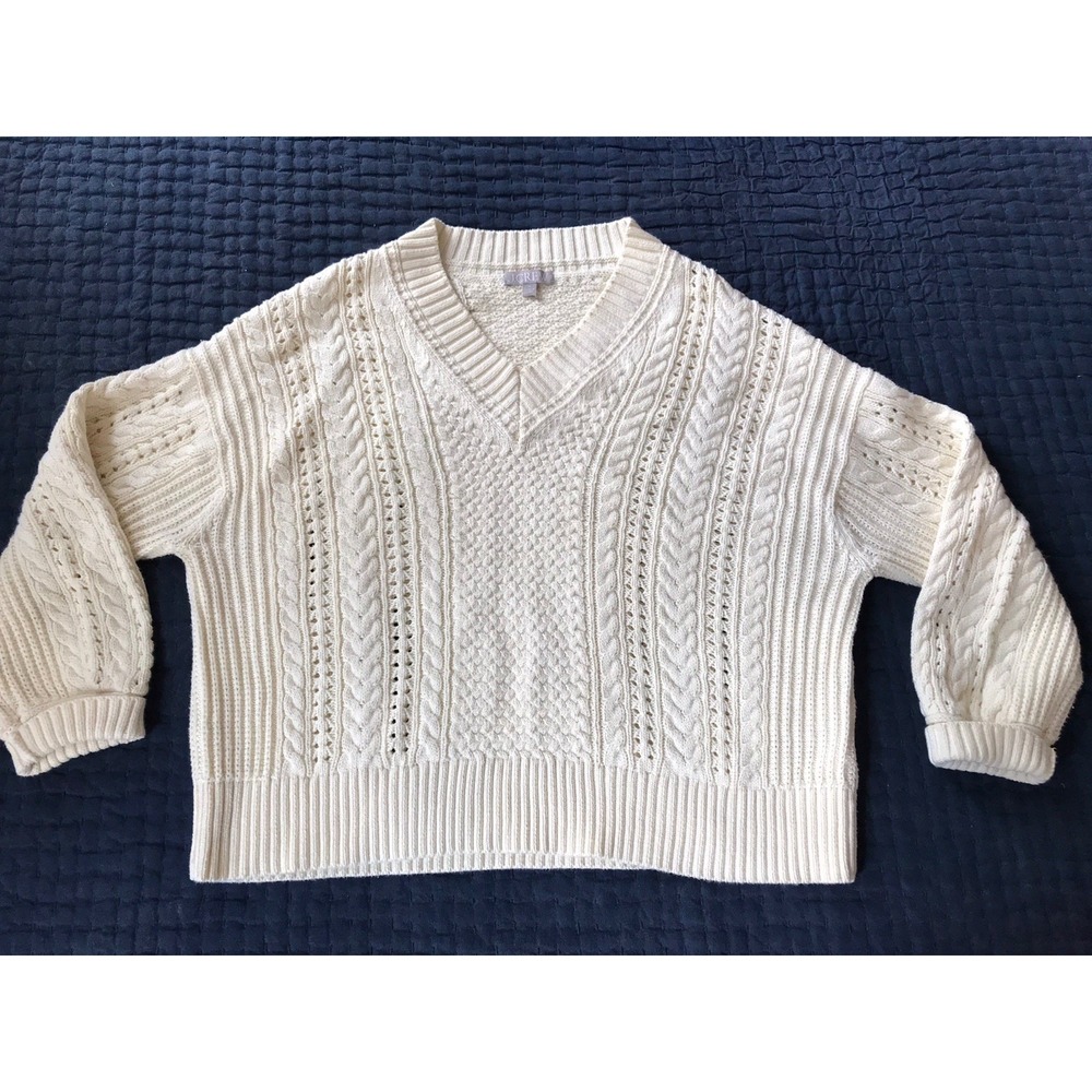J Crew Women's XL Sweater Cotton Cable Knit V Neck Pullover Fisherman Preppy